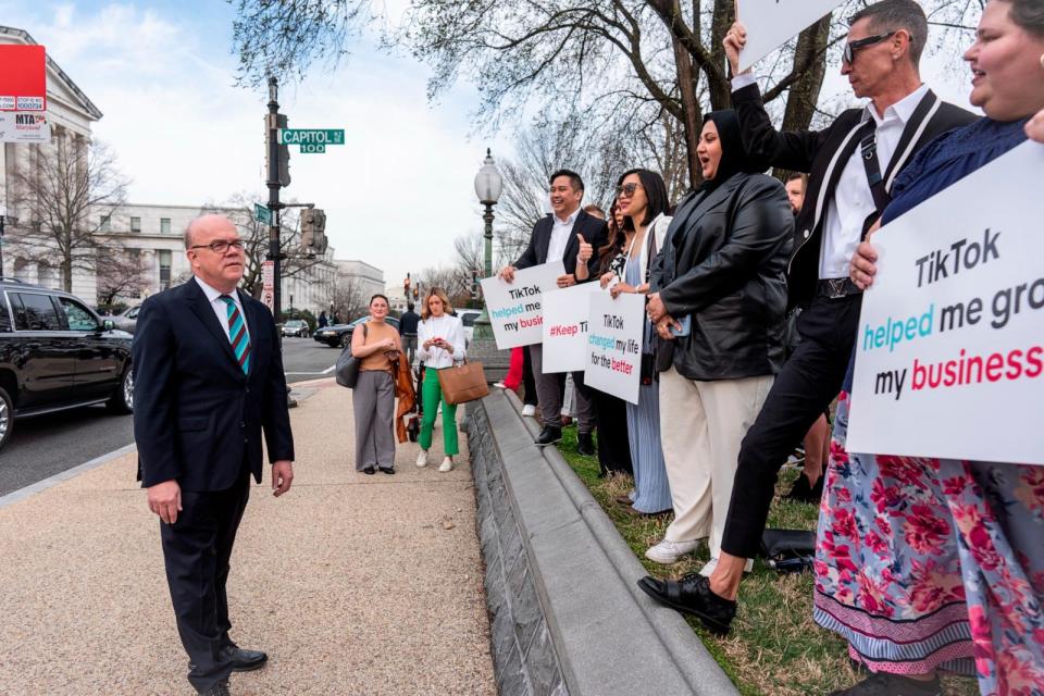 PHOTO: Rep. Jim McGovern, D-Mass., left, speaks to supporters of TikTok at the Capitol, March 13, 2024, in Washington. (J. Scott Applewhite/AP)