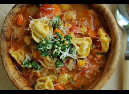 <a href="http://food52.com/recipes/4661-smoky-minestrone-with-tortellini-and-parsley-or-basil-pesto">Get the recipe on Food52.</a>  <br>  The beauty of this recipe is the way that it combines delicious, nutritious ingredients (like the many vegetables in this soup) with a touch of the indulgent (bacon, cheese tortellini).  <br>  <em>Photo by Sarah Shatz</em>