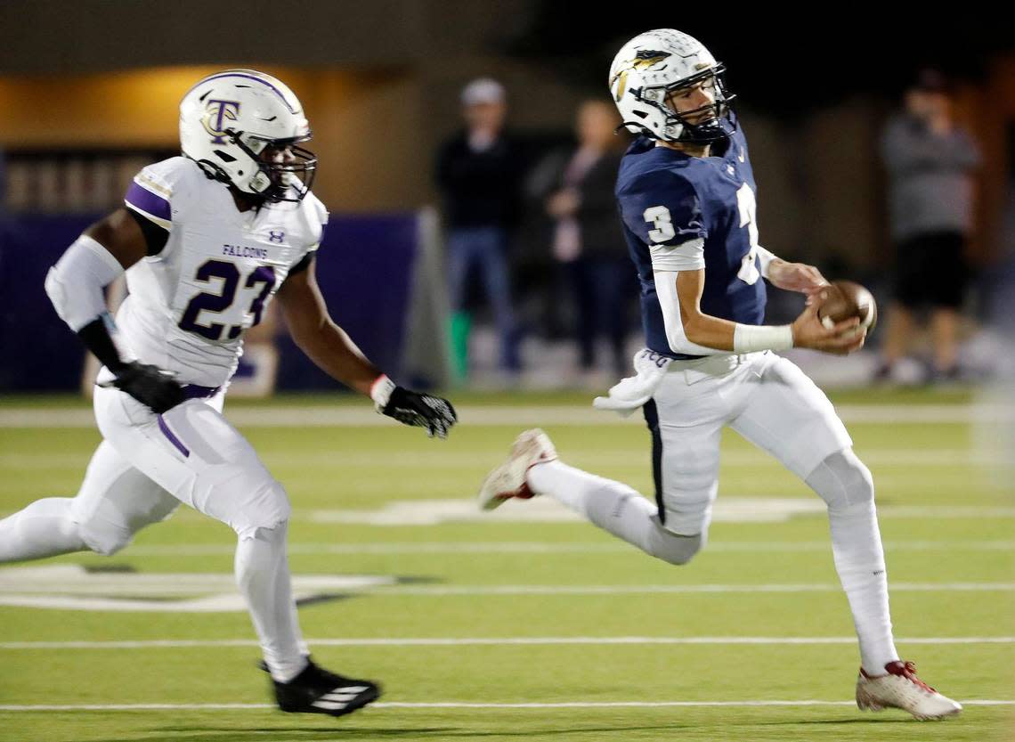 Keller quarterback Tre Guerra (3) ran short of the first down but Timber Creek linebacker Devin Green (23) shoved him out of bounds to draw a penalty and gain a first in the first half of a District 4-6A high school football game at Keller ISD Stadium in Keller, Texas, Thursday, Oct. 27, 2022. Keller led Timber Creek 20-3 at the half. (Special to the Star-Telegram Bob Booth)