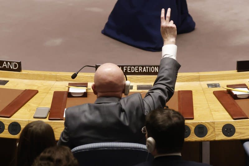 Russia's Permanent Representative to the U.N., Vasily Nebenzya, votes on an amendment in the Security Council Chamber at United Nations Headquarters in Nov. 2023. The White House in February confirmed Russia was developing "anti-satellite capability" but that it did not currently present an immediate threat. File photo by John Angelillo/UPI