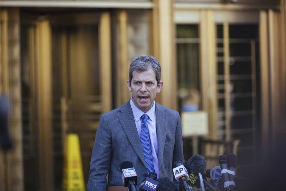 Maxwell family lawyer David Markus speaks following Ghislaine Maxwell's appearance in Federal Court on Friday, April 23, 2021, in New York. Ghislaine Maxwell, a British socialite and one-time girlfriend of Epstein, pleaded not guilty to sex trafficking conspiracy and an additional sex trafficking charge that were added in a rewritten indictment released last month by a Manhattan federal court grand jury. (AP Photo/Kevin Hagen)