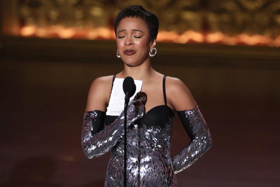 Maleah Joi Moon accepts the award for Best Performance by an Actress in a Leading Role in a Musical for "Hell's Kitchen" at the 77th Annual Tony Awards in New York City, U.S., June 16, 2024.
