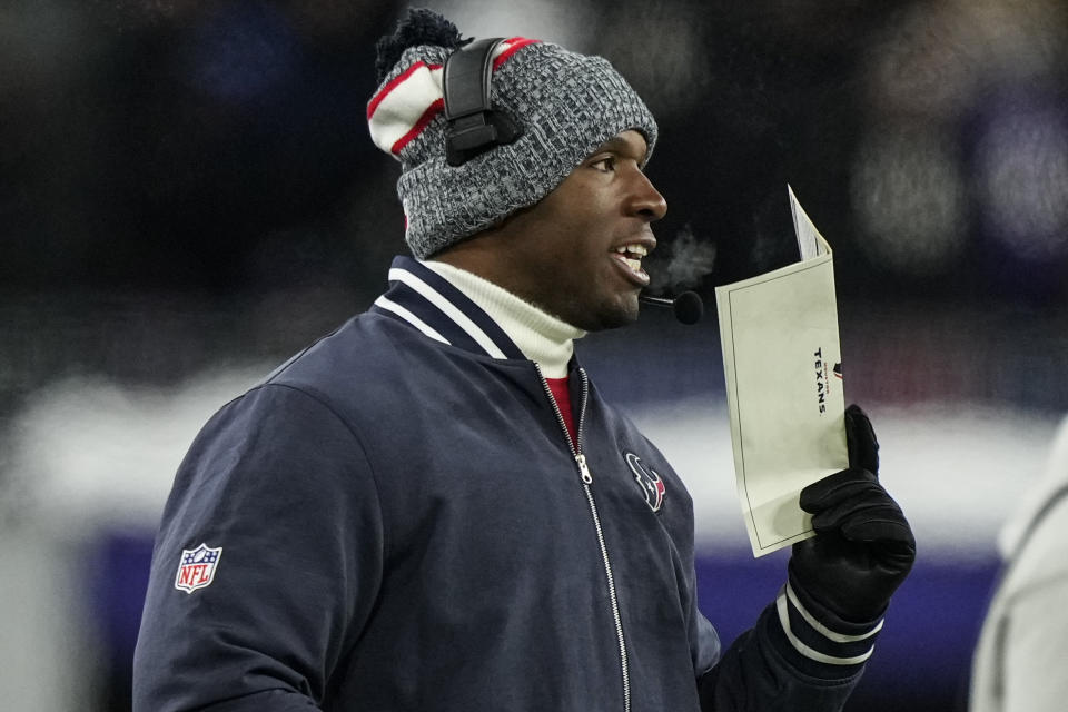 Houston Texans head coach DeMeco Ryans watches play against the Baltimore Ravens during the second half of an NFL football AFC divisional playoff game, Saturday, Jan. 20, 2024, in Baltimore. (AP Photo/Matt Slocum)