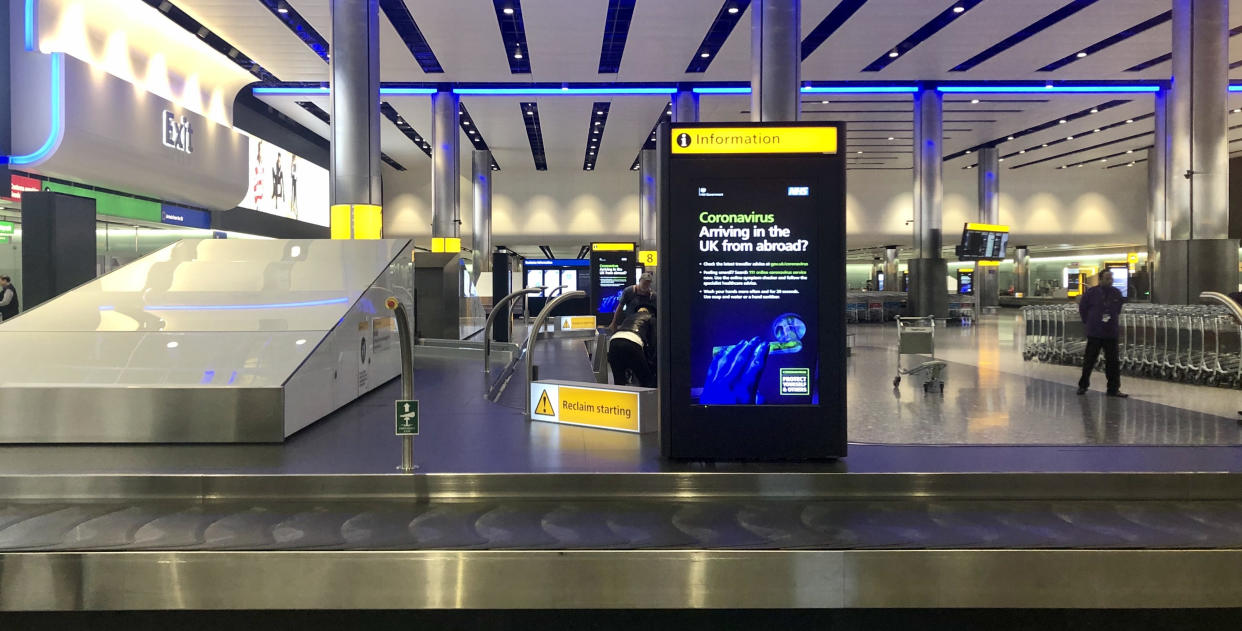 Government warnings about Coronavirus in the Baggage Hall of London's Heathrow Airport's Terminal 2 the day after the Prime Minister said that Covid-19 "is the worst public health crisis for a generation", and the government's top scientist warned that up to 10,000 people in the UK are already infected.