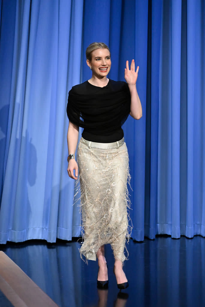 Emma Roberts appears on "The Tonight Show Starring Jimmy Fallon" on April 3, Christopher Esber, celebrity style, black and white, trends