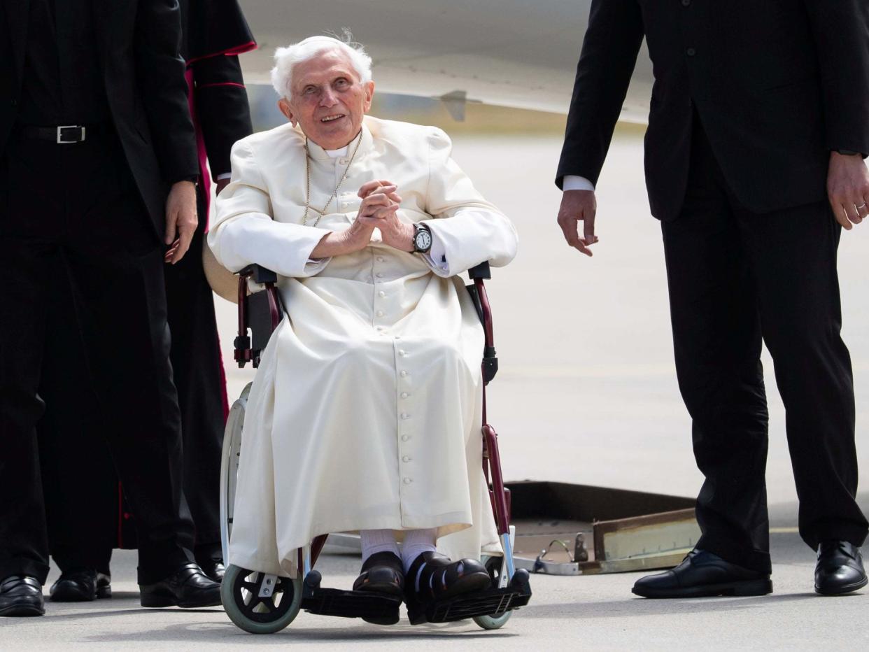 Emeritus Pope Benedict XVI arrives for his departure at Munich Airport in Freising, Germany: AP