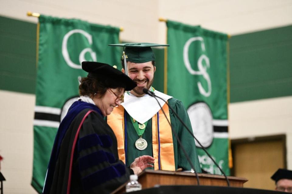 Alla Mohammed received the President’s Leadership Society medallion for completing all requirements of the leadership training program prior to graduation. Throughout the program, students attend a leadership retreat, enjoy exposure to the arts, participate in workshops and campus life, develop civic understanding and give back to the community through service. (Pictured, left to right): Dr. Janet F. Smith, Columbia State president and Alla Mohammed