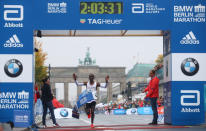 Athletics - Berlin Marathon - Berlin, Germany - September 24, 2017 Kenya's Eliud Kipchoge wins the race REUTERS/Michael Dalder