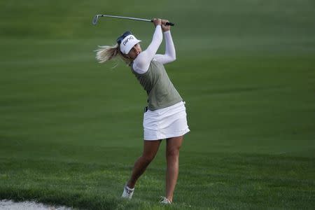 Apr 1, 2018; Rancho Mirage, CA, USA; Pernilla Lindberg watches her shot on the 18th hole on a playoff during the final round of the ANA Inspiration women's golf tournament at Mission Hills CC - Dinah Shore Tournament Course. Kelvin Kuo-USA TODAY Sports