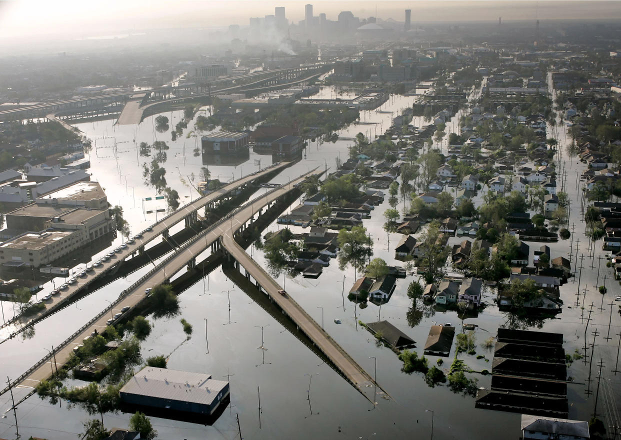 Floodwaters from Hurricane Katrina fill the streets near downtown New Orleans on Aug. 30, 2005