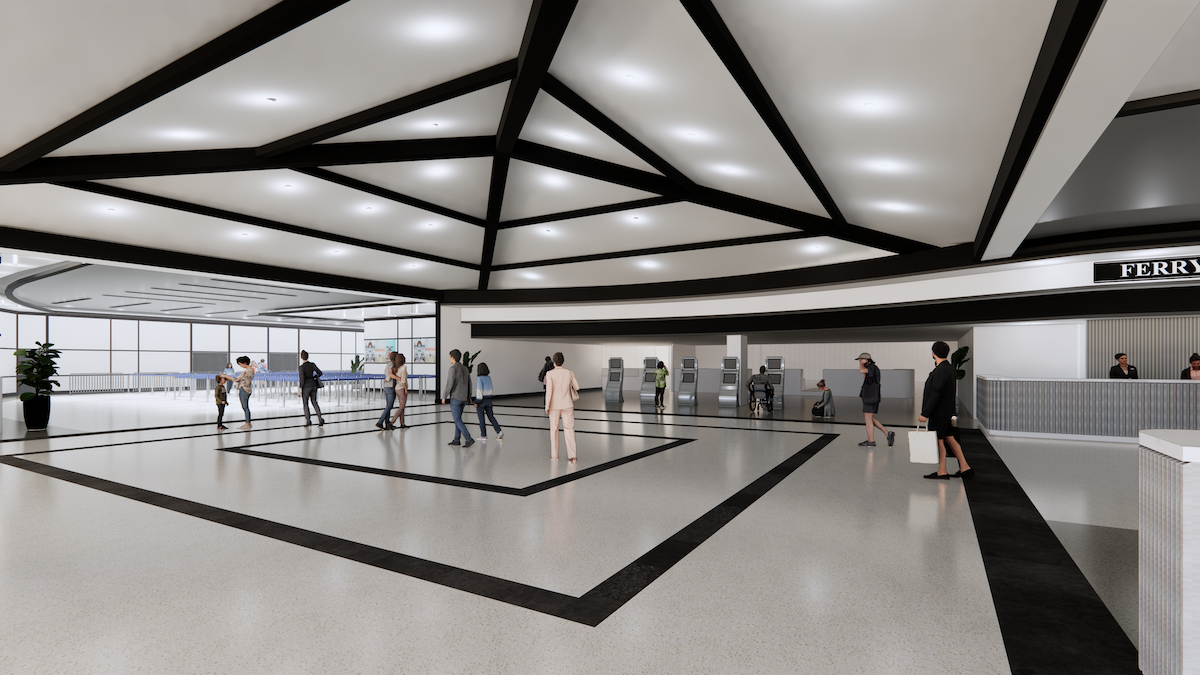 Artist impression of the lobby and self bag check-in area of the revamped Tanah Merah Ferry Terminal. (PHOTO: Singapore Cruise Centre)