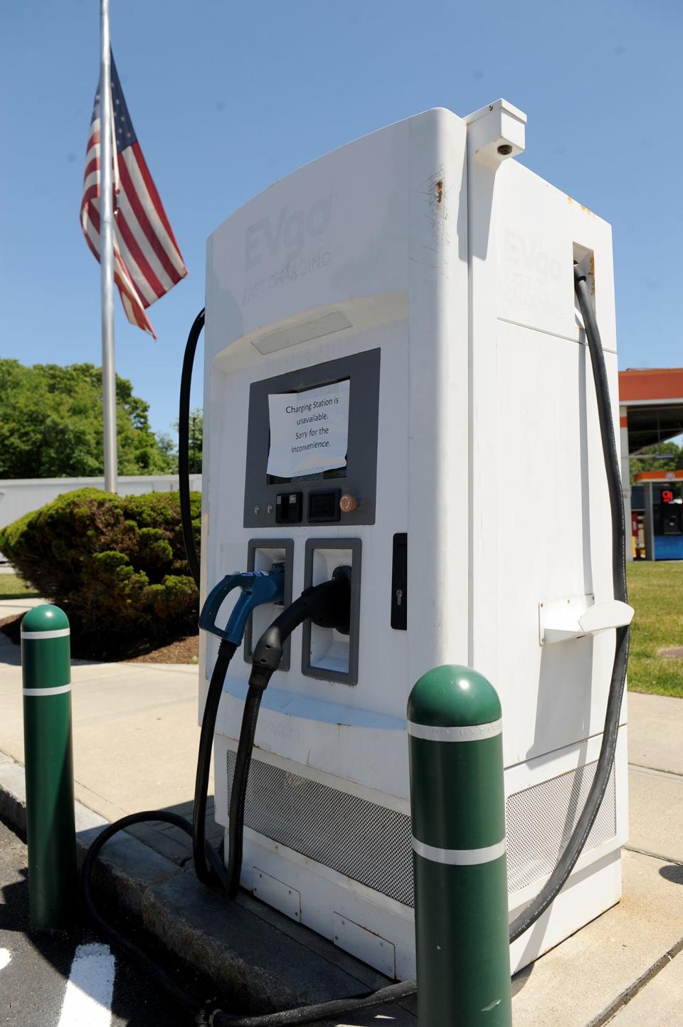 A pair of state senators have written to Transportation Secretary Jamey Tesler to fix disabled electric vehicle charging stations, such as this one at the eastbound rest stop on the Mass Pike in Natick.