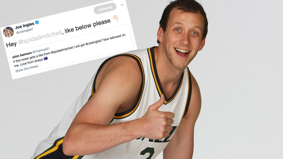 One Aussie NBA fan is pondering a tattoo of this classic Joe Ingles pose, after tweeting Ingles and Jazz teammate Donovan Mitchell. (Photo by Melissa Majchrzak/NBAE via Getty Images)
