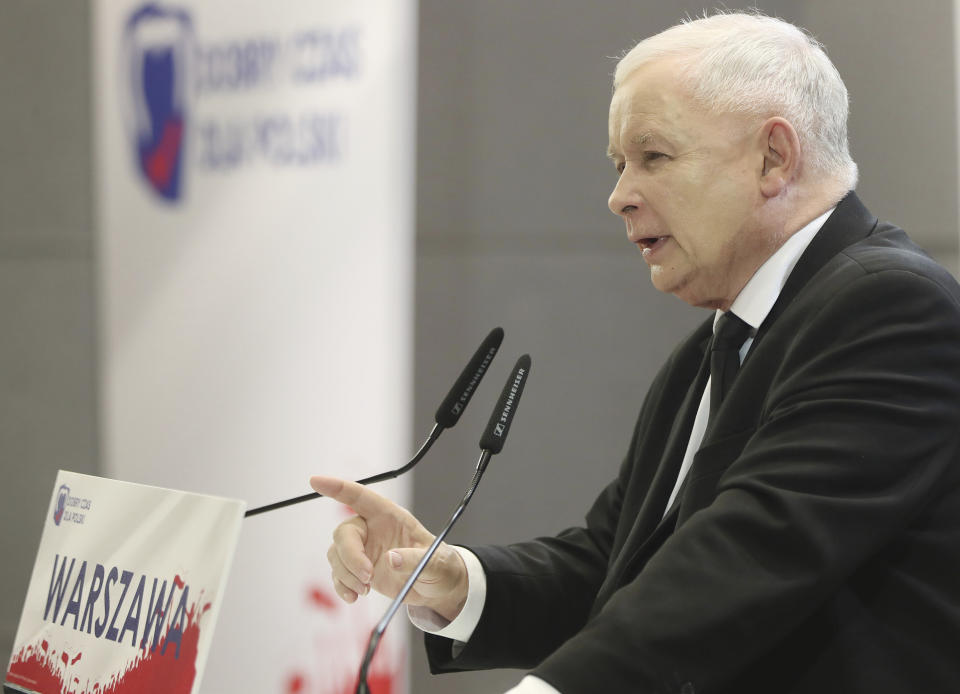 In this photo taken Tuesday Oct. 8, 2019 Poland's ruling right-wing party leader Jaroslaw Kaczynski speaks at a convention in Warsaw, Poland, ahead of Sunday parliamentary election in which his Law and Justice party is hoping to win a second term in power. (AP Photo/Czarek Sokolowski)