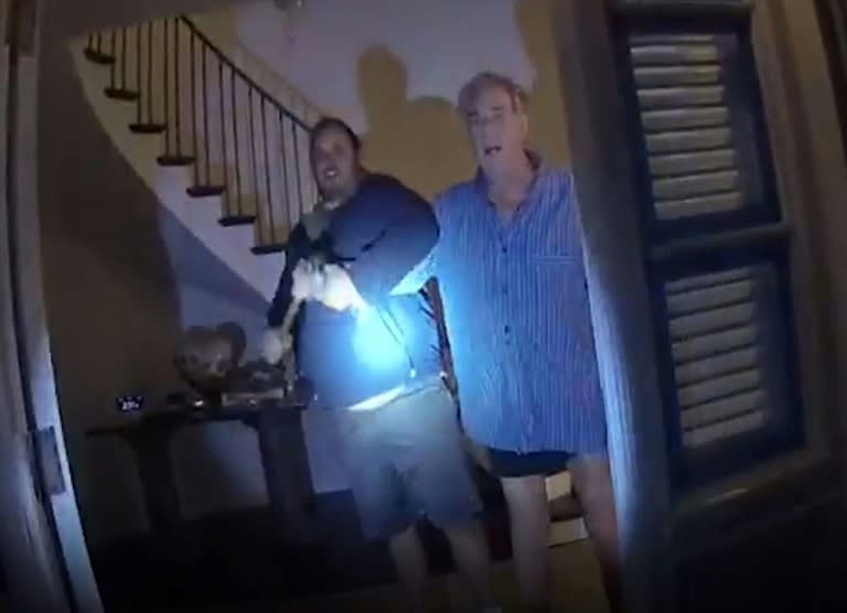 The moments of the horrifying hammer attack were captured on police bodycam after Paul Pelosi managed to call officers to his home (Handout)