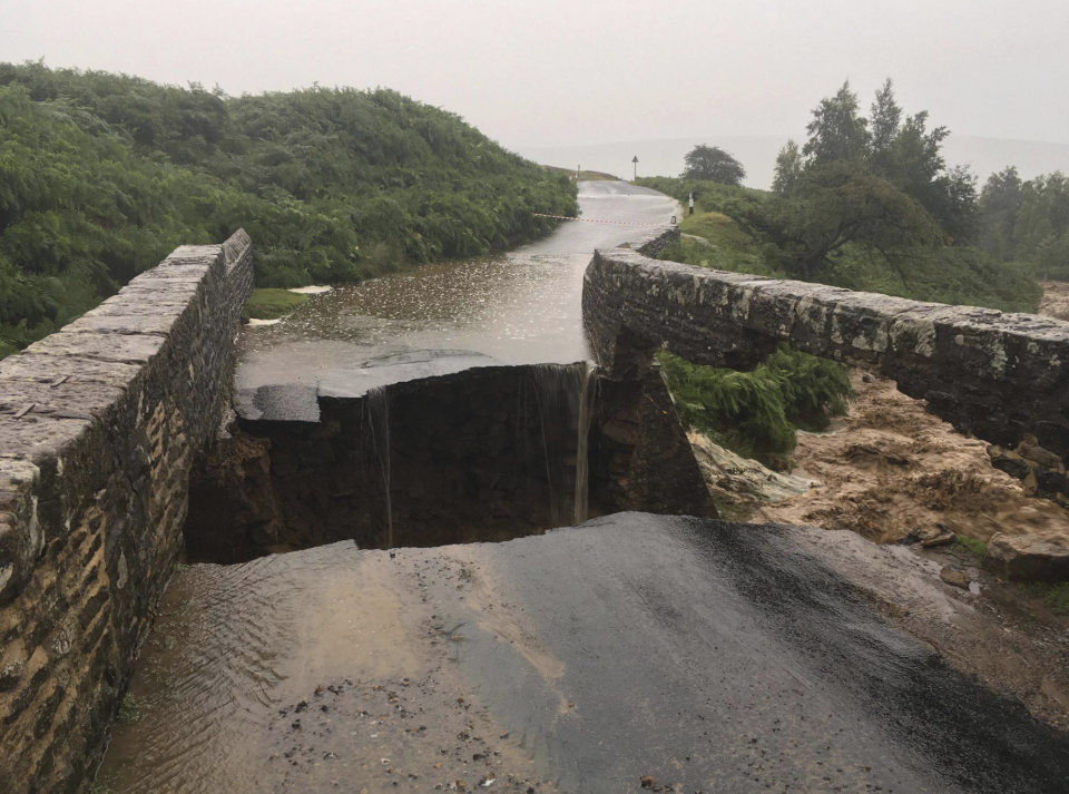 A bridge completely collapsed in Grinton, England. Source: Swaledale Mountain Rescue Team