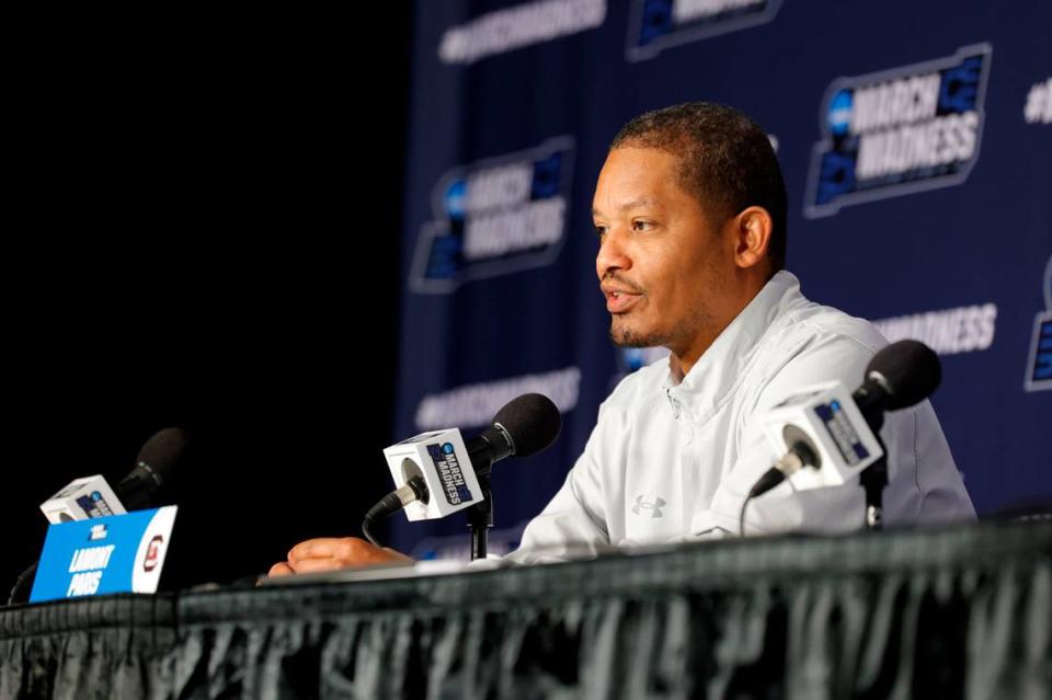 South Carolina head coach Lamont Paris speaks to media before playing the Oregon Ducks at the PPG Paints Arena on Wednesday, March 20, 2024.