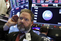 Trader Thomas McCauley works on the floor of the New York Stock Exchange, Thursday, Dec. 6, 2018. U.S. stocks tumbled in early trading Thursday following a sell-off in overseas markets. (AP Photo/Richard Drew)