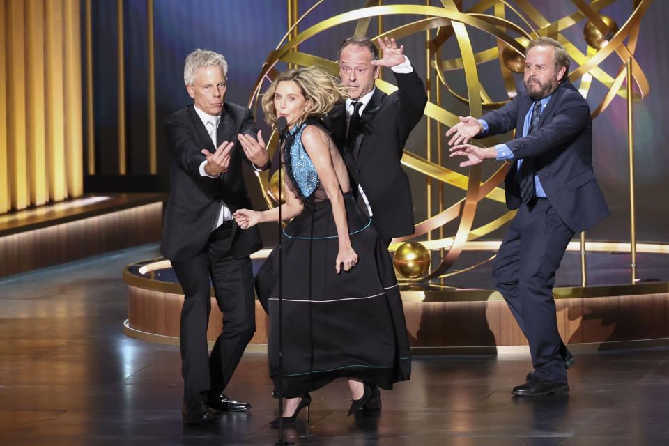 Greg Germann, Calista Flockhart, Gil Bellows and Peter MacNicol onstage at the 75th Primetime Emmy Awards held at the Peacock Theater on January 15, 2024 in Los Angeles, California. (Photo by Christopher Polk/Variety via Getty Images)