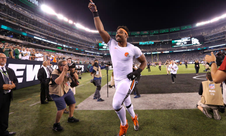 Myles Garrett runs off the field after the Cleveland Browns' Monday Night Football win over the New York Jets.