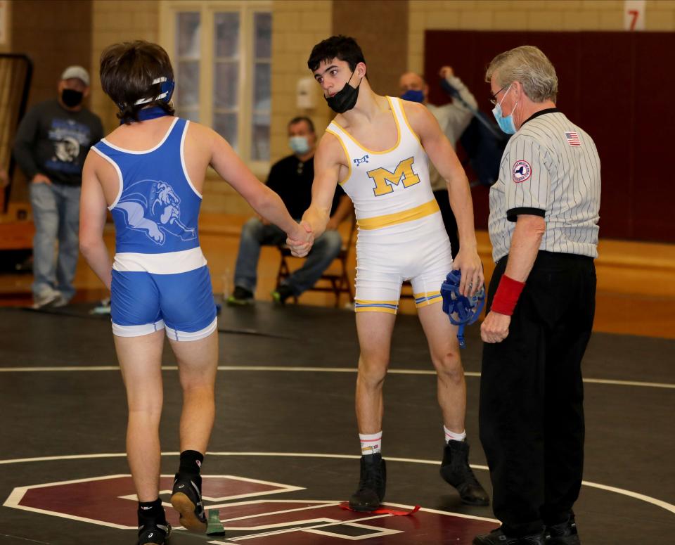 Nick Greco from Mahopac defeated Vincent Romano from North Babylon during their 126 pound match, during the 2022 Scarsdale Wrestling Invitational tournament at Scarsdale High School, Jan. 15, 2022. 
