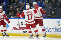 Detroit Red Wings center Michael Rasmussen (27) celebrates his goal against the Tampa Bay Lightning with defenseman Filip Hronek (17) during the second period of an NHL hockey game Tuesday, Dec. 6, 2022, in Tampa, Fla. (AP Photo/Chris O'Meara)