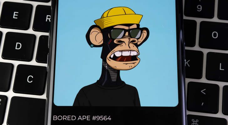 A Bored Ape (BAYC) NFT displayed on a smartphone screen.