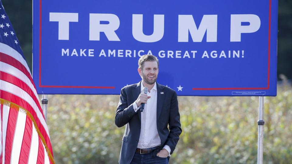 Mandatory Credit: Photo by Nell Redmond/AP/Shutterstock (10946710f)Eric Trump, the son of President Donald Trump, speaks at a campaign rally for his father in Monroe, N.