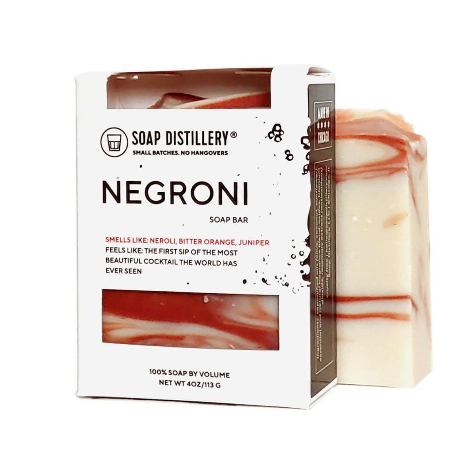 <p><strong>Soap Distillery</strong></p><p>soapdistillery.com</p><p><strong>$8.00</strong></p><p><a href="https://soapdistillery.com/products/negroni-soap-bar" rel="nofollow noopener" target="_blank" data-ylk="slk:Shop Now;elm:context_link;itc:0;sec:content-canvas" class="link ">Shop Now</a></p><p>Cocktail lovers will appreciate this Negroni-inspired bar soap, which smells like bitter orange and juniper. </p>