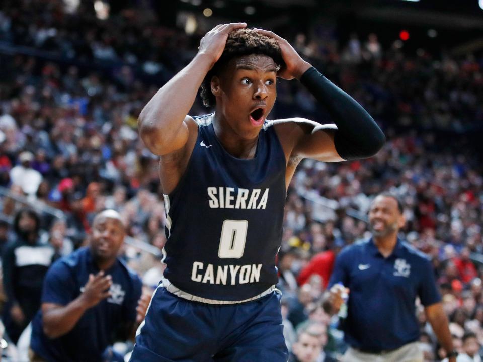 LeBron 'Bronny' James Jr. #0 of Sierra Canyon High School reacts during the Ohio Scholastic Play-By-Play Classic against St. Vincent-St. Mary High School at Nationwide Arena on December 14, 2019