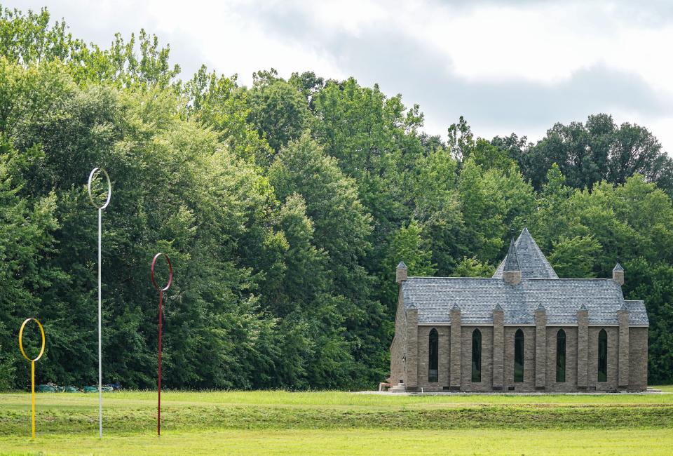 A"Harry Potter-themed school" called Spellcaster's Academy for underprivileged children is seen from a field Thursday, Aug. 17, 2023, in Westfield.