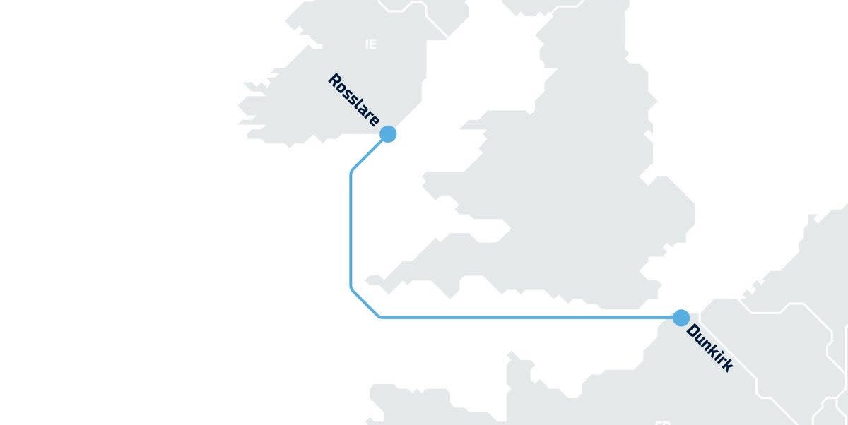 The map shows the new route that Danish shipping and logistics company DFDS will start operating between Ireland and France on 2 January 2020 (DFDS/Twitter)