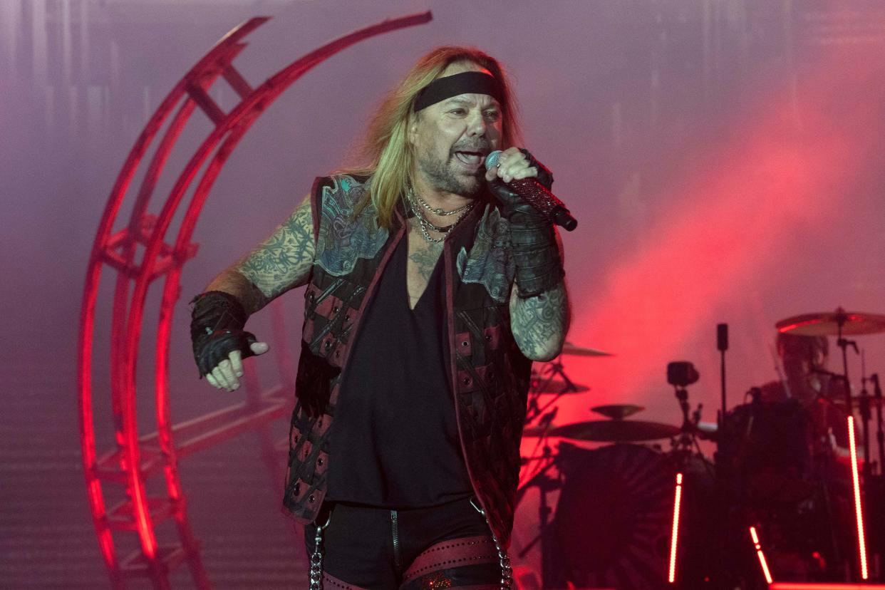 Mötley Crüe frontman Vince Neil performs “Shout at the Devil” during a set at Lucas Oil Stadium on Sunday, Aug. 16, 2022, in Indianapolis.