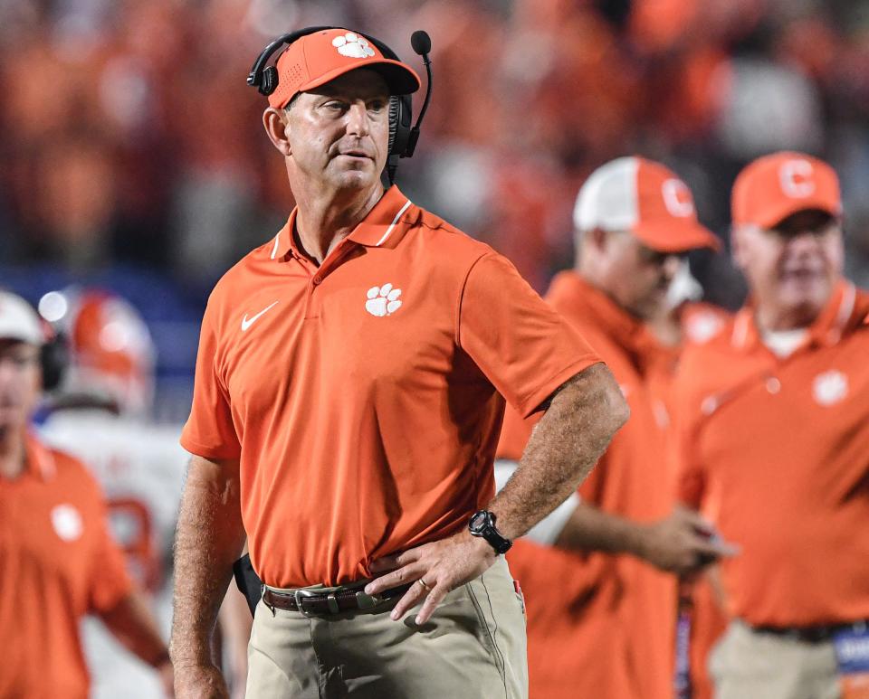 Clemson coach Dabo Swinney watches from the sideline during his team's game against Duke at Wallace Wade Stadium in Durham, N.C.