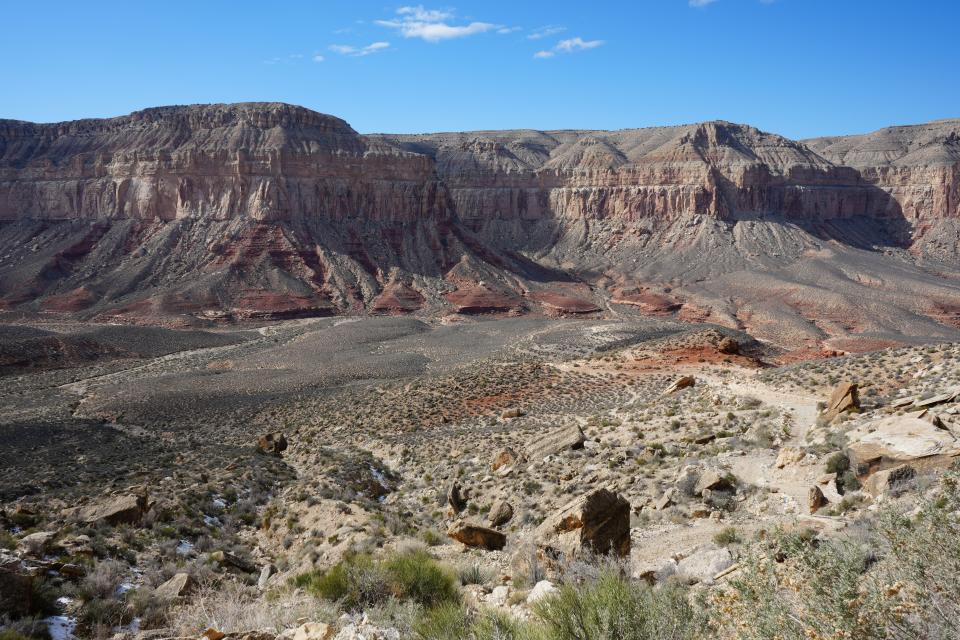 A desert landscape with red-rock formations.