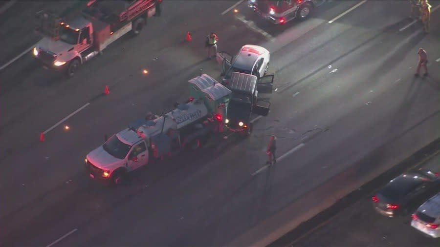 Preliminary information indicates the crash took place around 5:20 a.m. on the northbound side of the 101 at Lankershim Boulevard in Studio City on April 15, 2024. (Sky5)