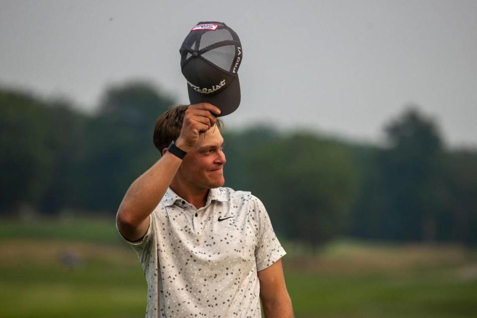 Vincent Norrman reacts after winning Kentucky’s PGA Tour event at Champions at Keene Trace golf course in Nicholasville last July. Tickets went on sale Wednesday for the 2024 event.