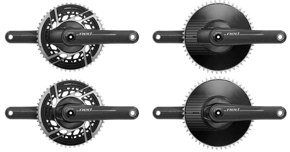 new sram red cranksets shown with 2x and 1x aero chainrings and quarq power meters.