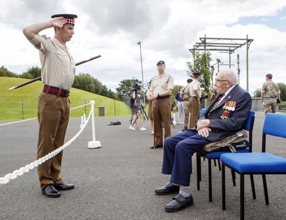 Captain Sir Tom Moore during a visit to the Army Foundation College in Harrogate, North Yorkshire as part of his new role as Honorary Colonel of the Northern military training establishment. (Photo by Danny Lawson/PA Images via Getty Images)