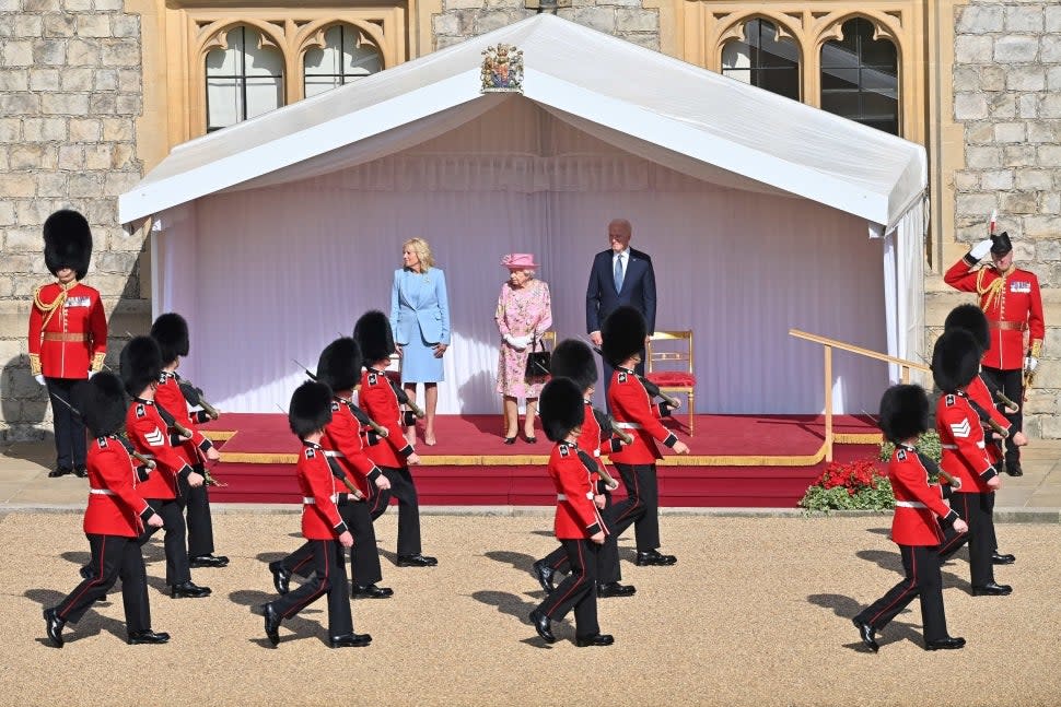 Queen Elizabeth II (C), US President Joe Biden (R) and US First Lady Dr Jill Biden (L) at Windsor Castle on June 13, 2021 in Windsor, England. Queen Elizabeth II hosts US President, Joe Biden and First Lady Dr Jill Biden at Windsor Castle. The President arrived from Cornwall where he attended the G7 Leader's Summit and will travel on to Brussels for a meeting of NATO Allies and later in the week he will meet President of Russia, Vladimir Putin.