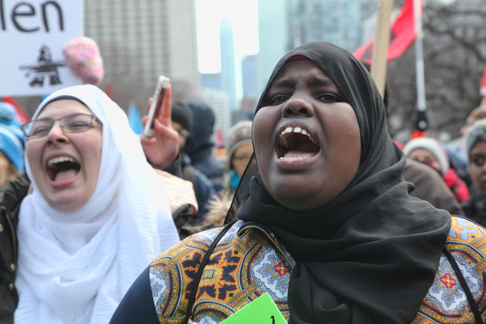 Muslim women join in a massive protest against President Trump's travel ban during the National Day of Action against Islamophobia and White Supremacy in downtown Toronto, Ontario, Canada, on Feb.&nbsp;4, 2017.