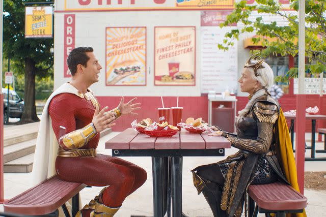 <p>Warner Bros./Courtesy Everett </p> Zachary Levi and Helen Mirren in 'Shazam! Fury of the Gods,' 2023