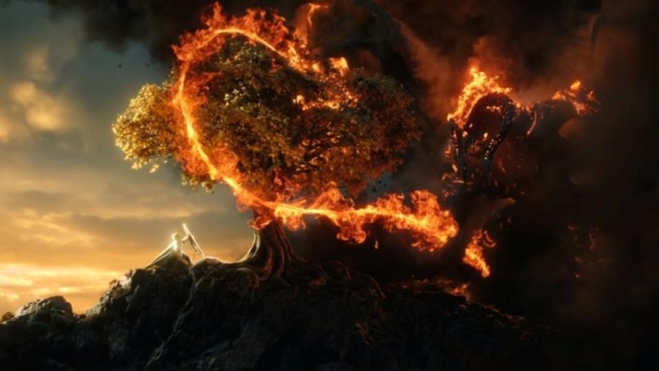 An elf and Balrog fight over a tree in The Rings of Power