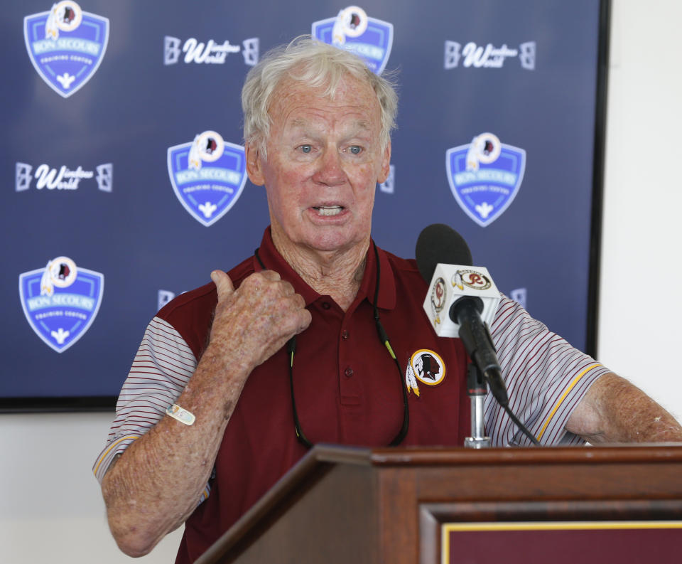 FILE - In this July 30, 2016, file photo, former Washington Redskins general manager Bobby Beathard gestures during a press conference at the Redskins NFL football training camp in Richmond, Va. The four-time Super Bowl winning executive has died. He was 86. A spokesperson for the Washington Commanders said Beathard's family told the team he died earlier this week at his home in Franklin, Tennessee. (AP Photo/Steve Helber, File)