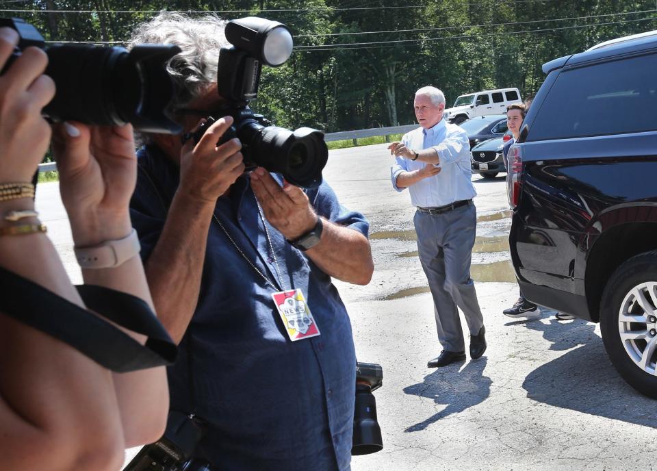 Former Vice President Mike Pence arrives at Goody Cole's Smokehouse in Brentwood, N.H., on July 20, 2023. Pence is running for the 2024 GOP nomination for president.