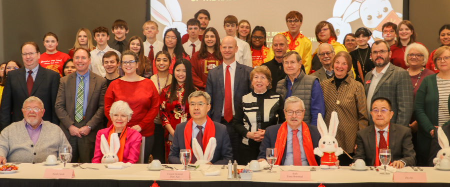 Several Chinese and American dignitaries celebrated the Consul General of the People’s Republic of China in Chicago, Feb. 1, 2023, in Muscatine.
