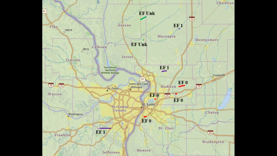 Thunderstorms on Thursday, April 18, 2024, were responsible for nine tornadoes in the St. Louis region and southwestern Illinois, according to storm damage surveys by the National Weather Service in St. Louis. No deaths or injuries were reported.