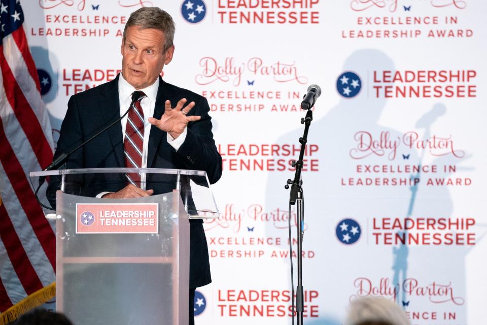 Governor Bill Lee speaks during the Dolly Parton Excellence in Leadership Award Dinner and Presentation at the Tennessee State Museum in Nashville, Tenn., Tuesday, May 3, 2022.