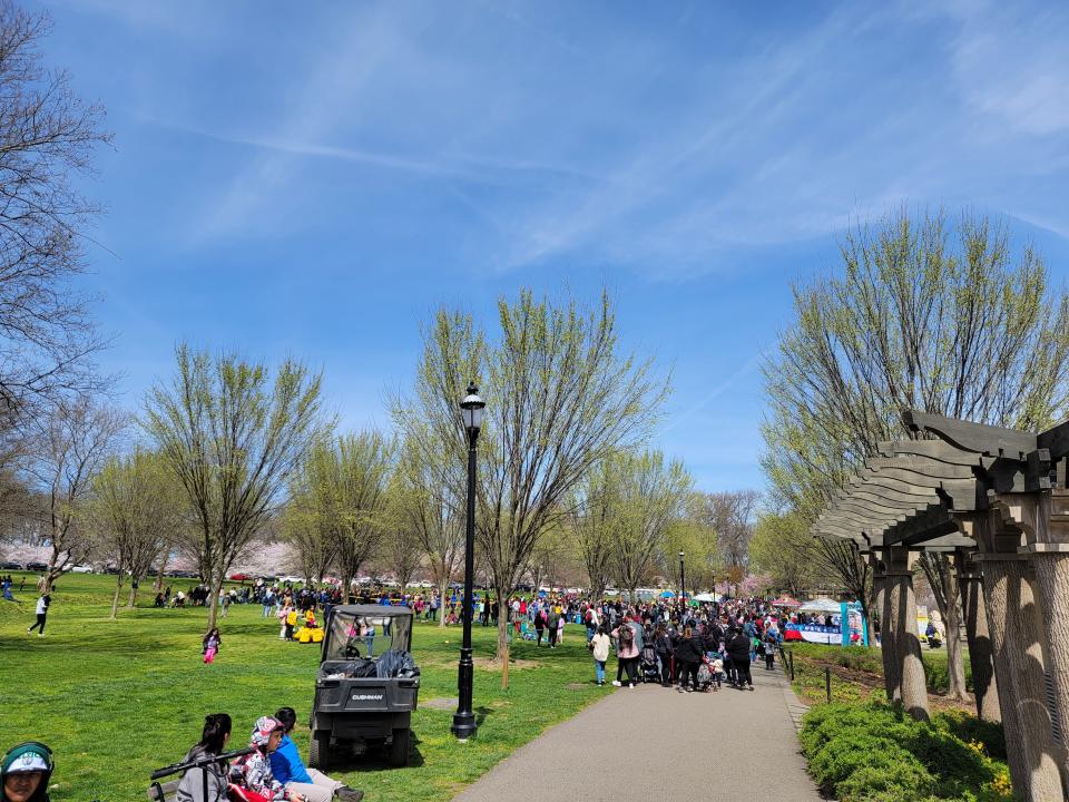 Hundreds of people gather in the distance near the park path.