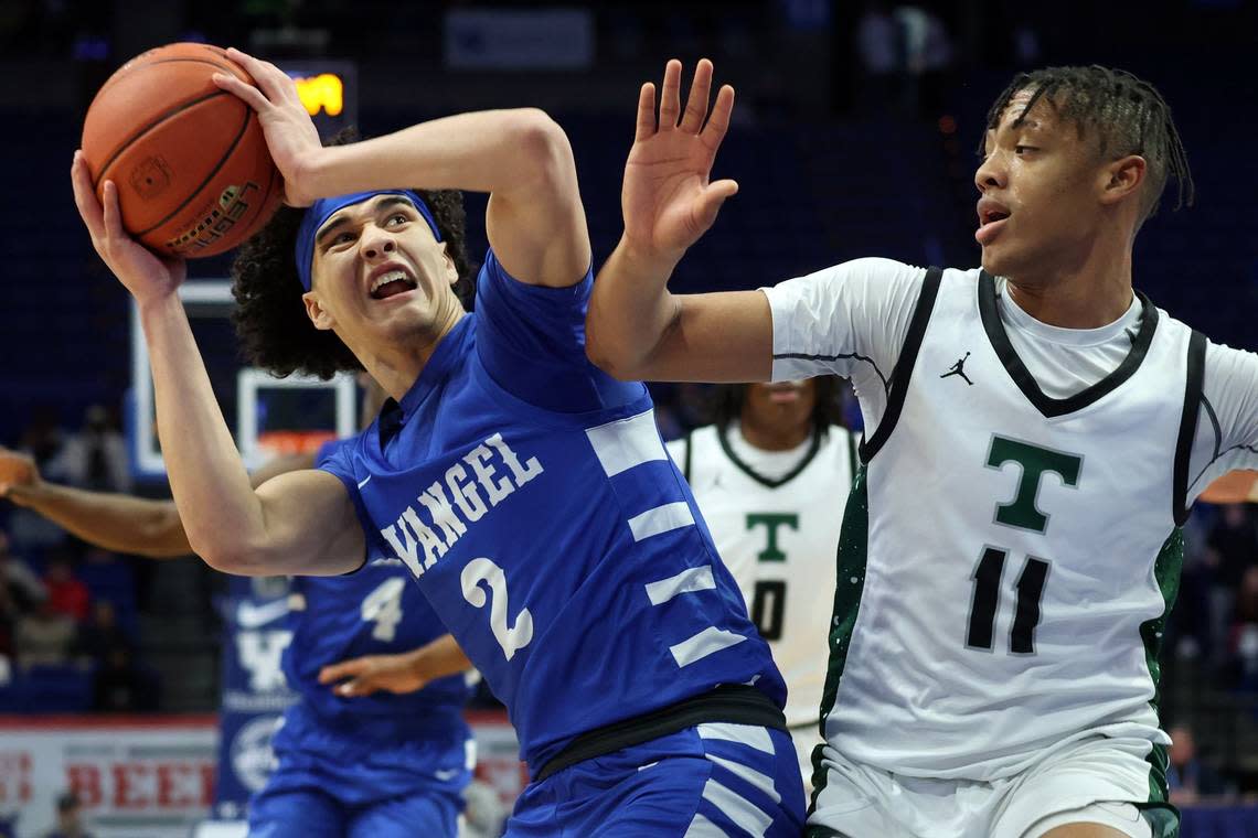 Trinity’s Jayden Johnson (11) pressures Evangel Christian’s Christian Doerr (2) during Friday night’s game in Rupp Arena. Doerr finished with 19 points, four rebounds and five assists.